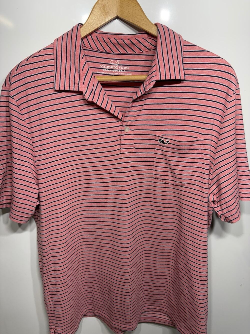 Vineyard Vines Polo Shirt Mens L Edgartown Pocket Pink Striped Short Sleeve